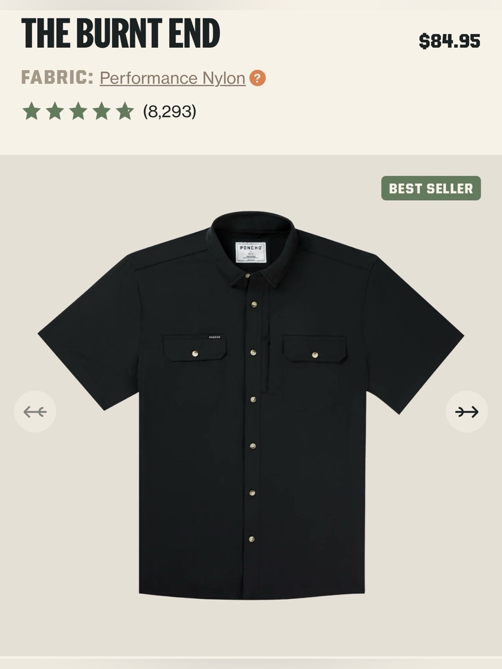 Poncho The Burnt End Performance Short Sleeve XL Black